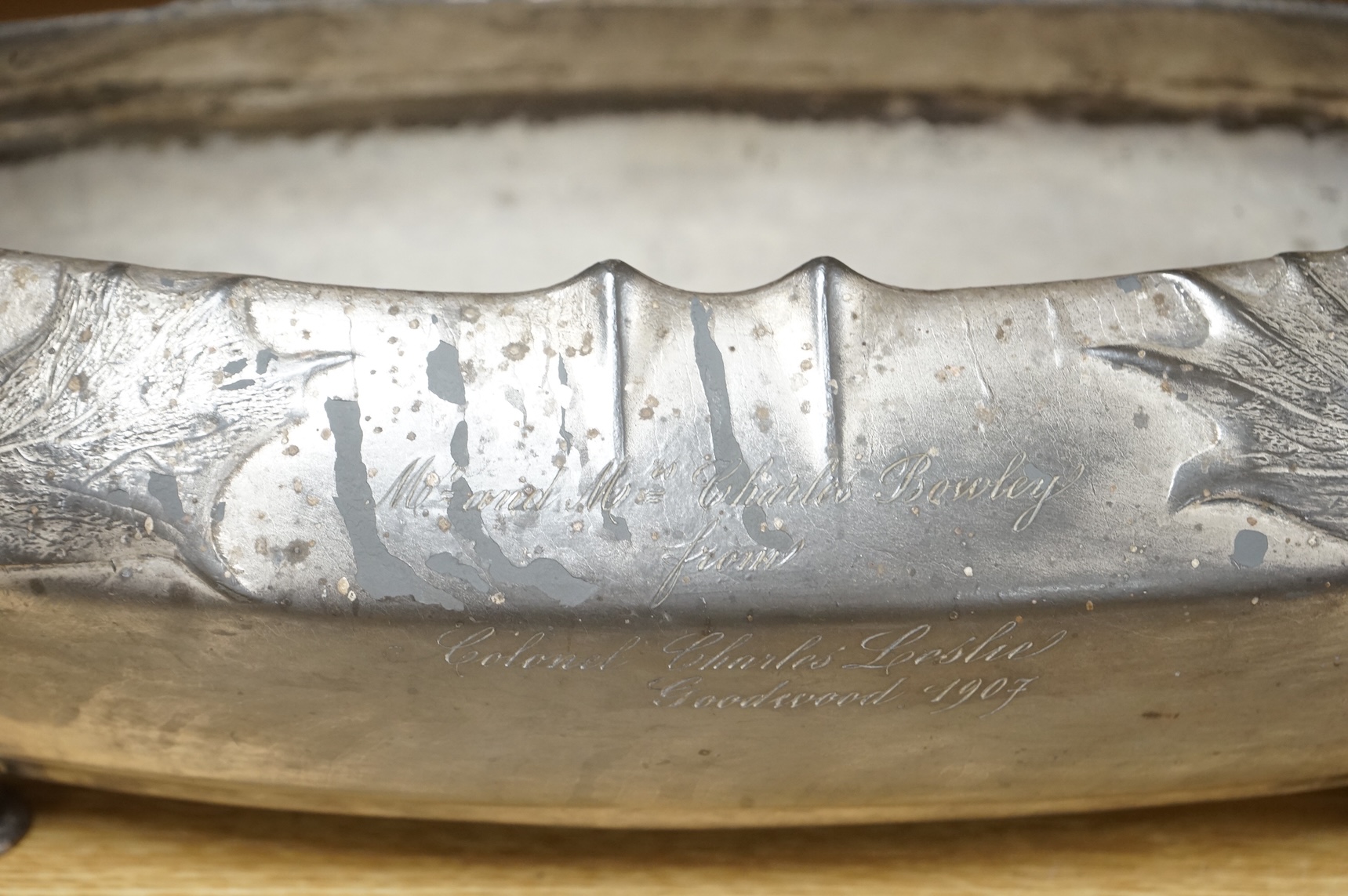 A Kayserzinn Versilbert ‘moose’ centrepiece with presentation inscription dated 1907, 47cm wide